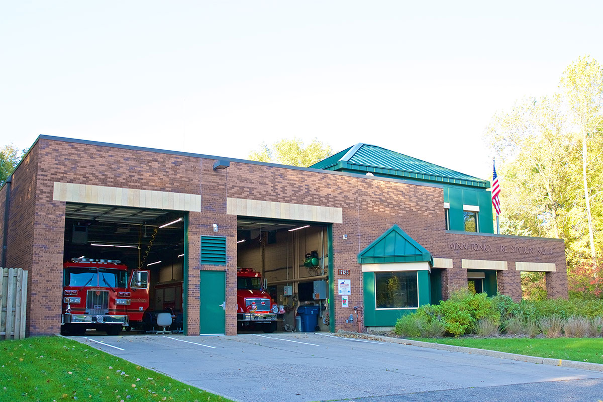 Building with fire trucks