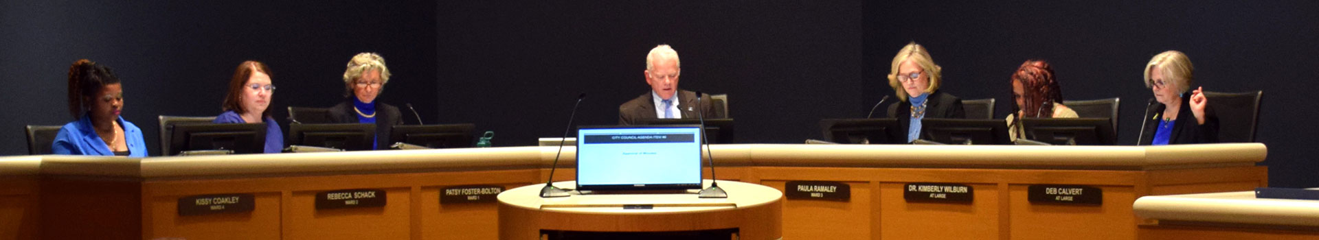 Seven people sitting at dais in council chambers