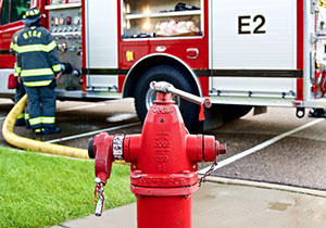 Red hydrant in front of truck